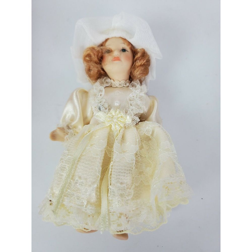 Vintage Kurt S Adler Miniature Porcelain Doll Ornament Brown Hair Lace Dress
